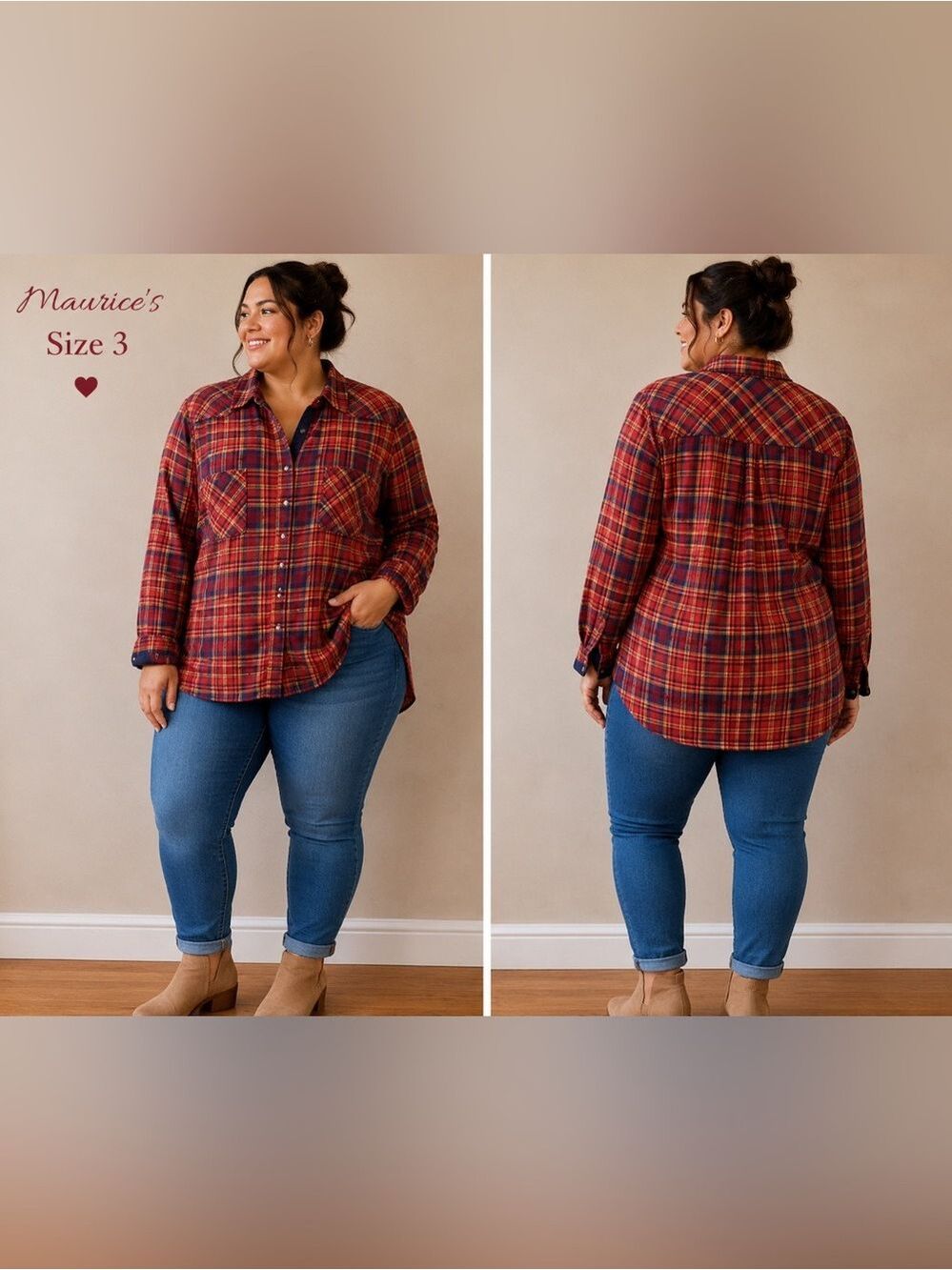 Maurice’s Size 3 Plaid Button Front Shirt – Hi-Low Hem fall colors - Picture 1 of 14